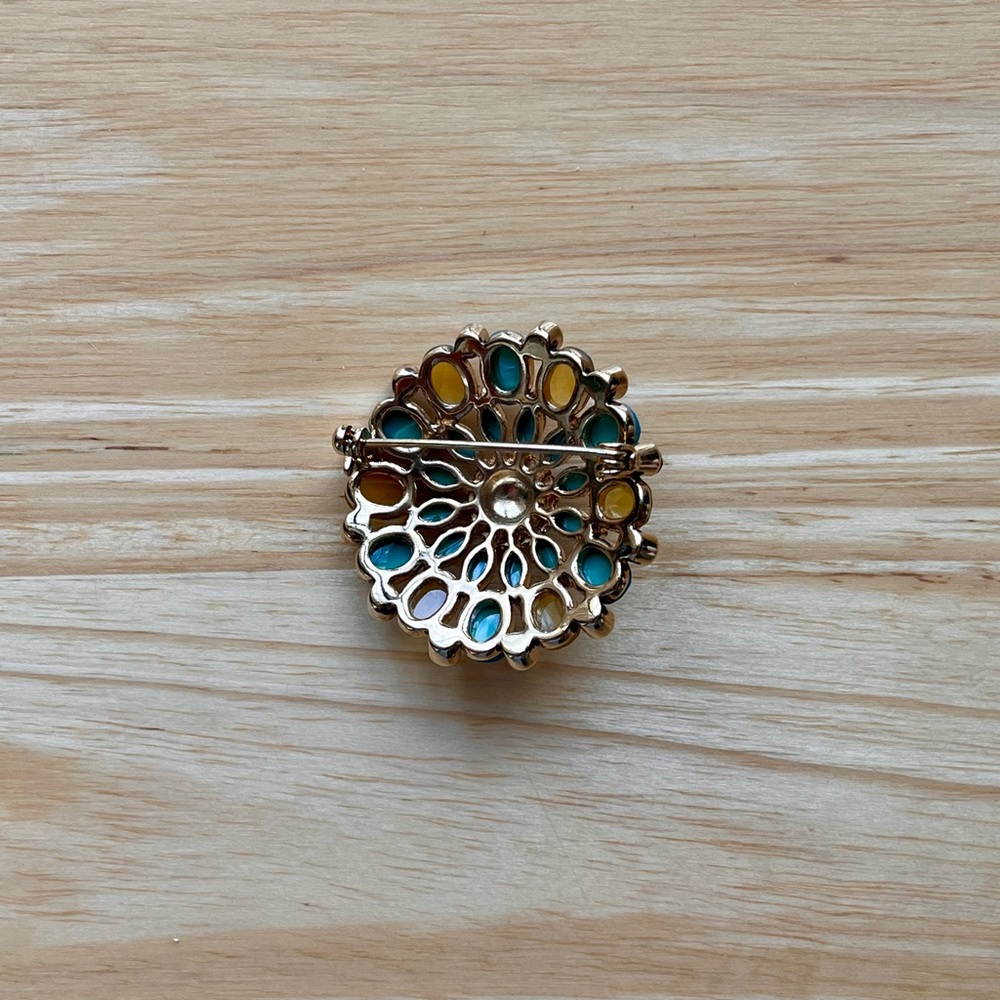 Casual Corner Blue Yellow Green Gold Gemstone Brooch Pin - Picture 3 of 4